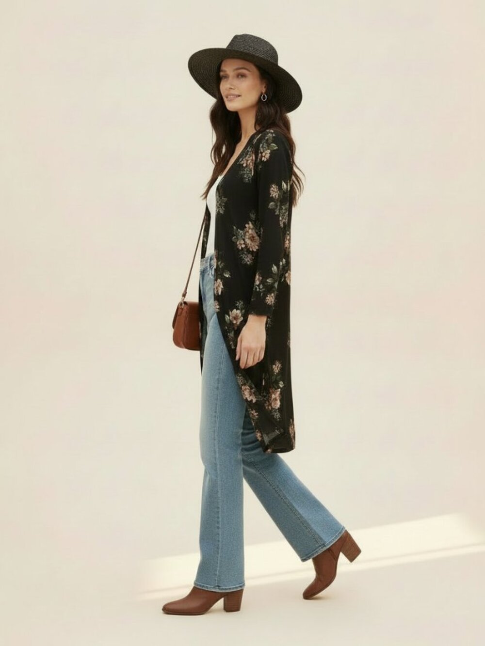 Charlotte Russe Black Floral Long Open-Front Cardigan